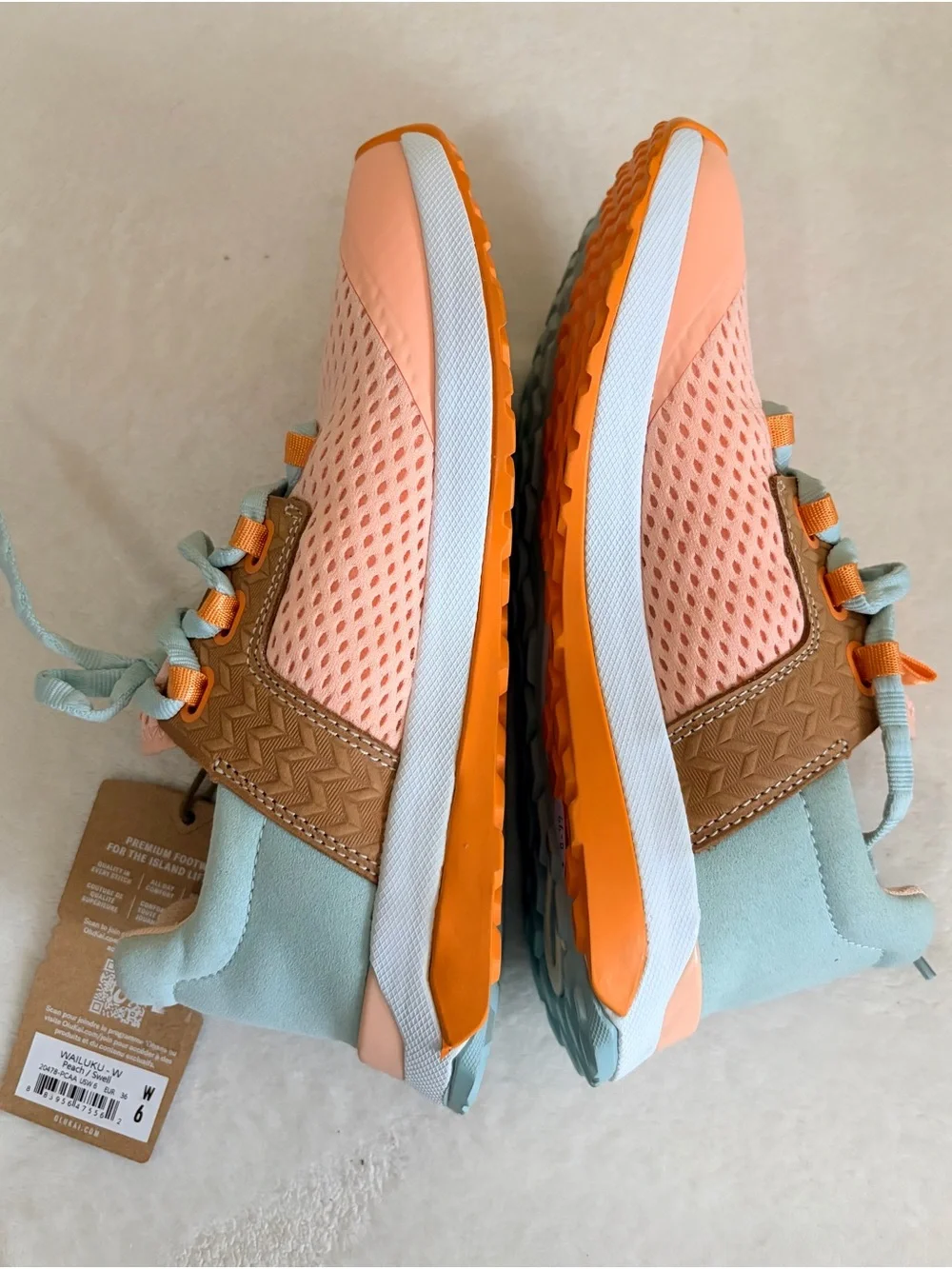 OluKai Kids Mesh Sneakers in Peach, Mint & Tan with Orange Accents Sz 6